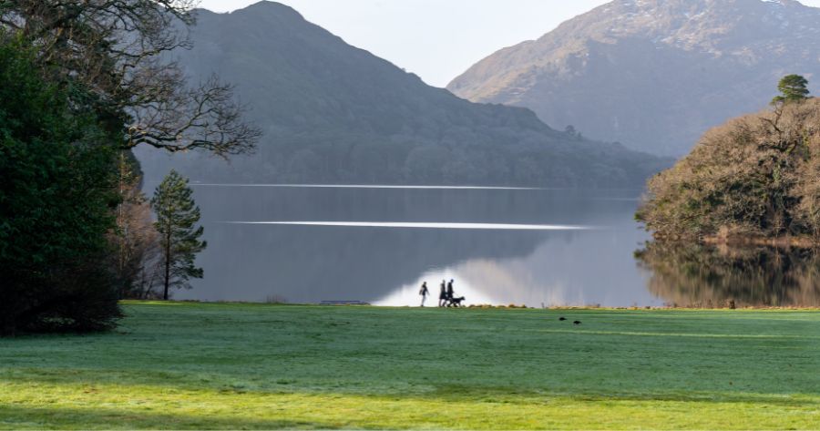 Scenic view of Muckross Castle and Lakes in Killarney National Park, County Kerry, Ireland. The historic stone castle sits peacefully on the edge of a shimmering lake surrounded by lush greenery, reflecting the beauty of the Irish landscape. Popular tourist destination near Muckross House and Gardens, this area is ideal for walking, cycling, and photography. A must-visit for history lovers, nature enthusiasts, and those exploring the Ring of Kerry. Captures the timeless charm of Ireland’s countryside with clear skies, tranquil waters, and heritage architecture.